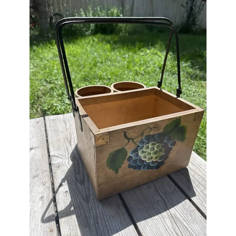 Vintage Wooden Picnic Basket With Cupholders Hand Painted Grapes Metal Handle